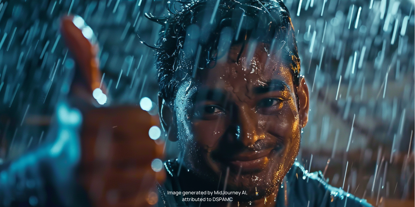 Smiling person in rainstorm