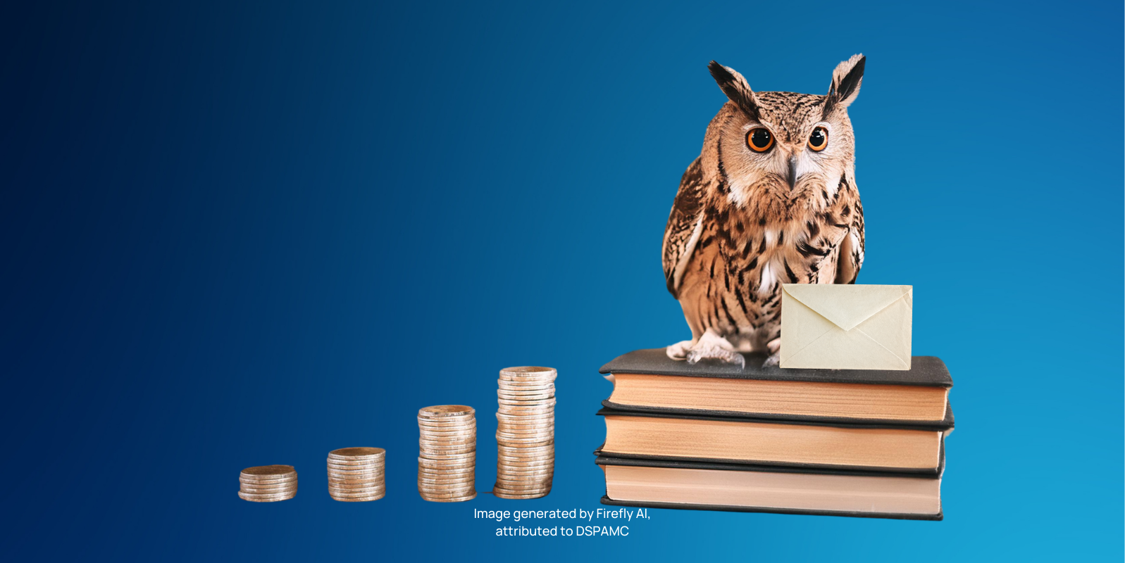 Owl on a stack of books with a letter